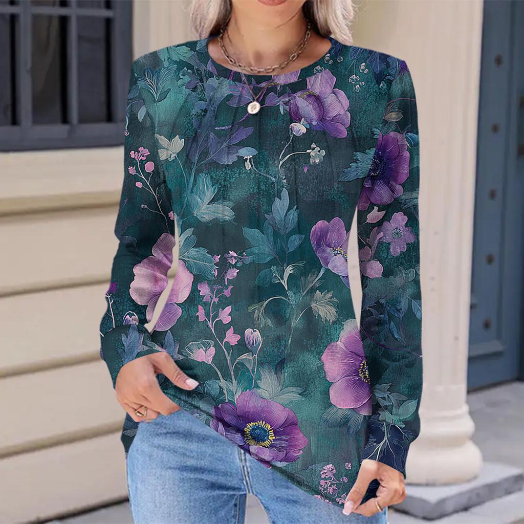 Women's Fashionable Casual Floral Retro Print Pleated Comfortable Round Neck Loose Long Sleeve T-shirt Top