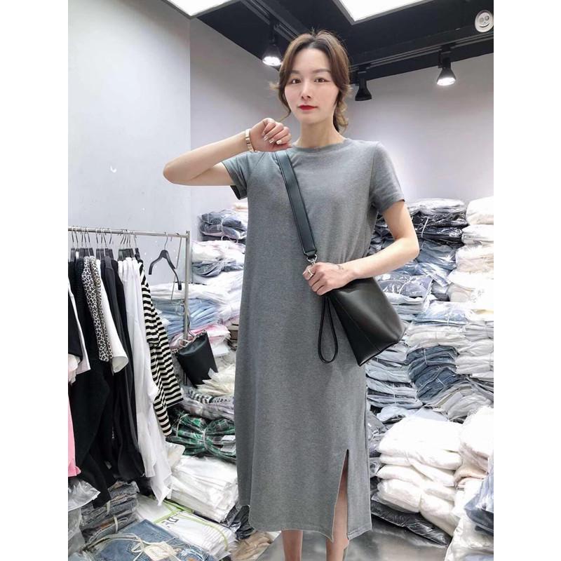Abito T-shirt da donna midi con spacco 2025 - Maniche corte, ampio, sopra il ginocchio, scollo rotondo, stile estivo