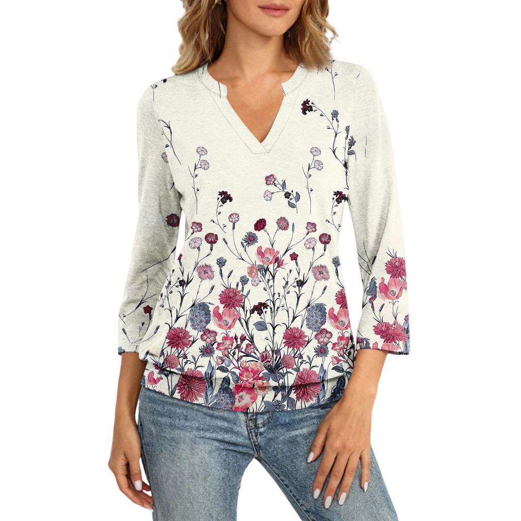 Women's 3/4 Sleeve Top Neck Hem V,Neck Summer Casual ,Shirt Vintage Printed Top