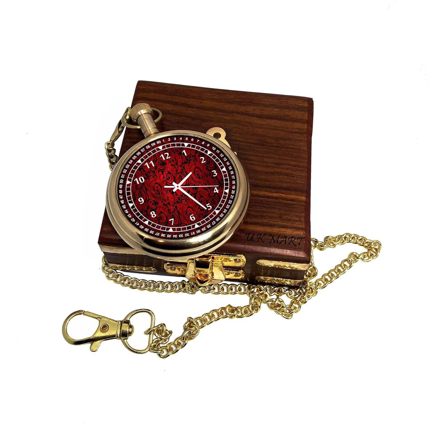 

COMPASS Унисекс Брендированные Карманные Аналоговые Часы из Латуни Красного Цвета с Внутренним Циферблатом