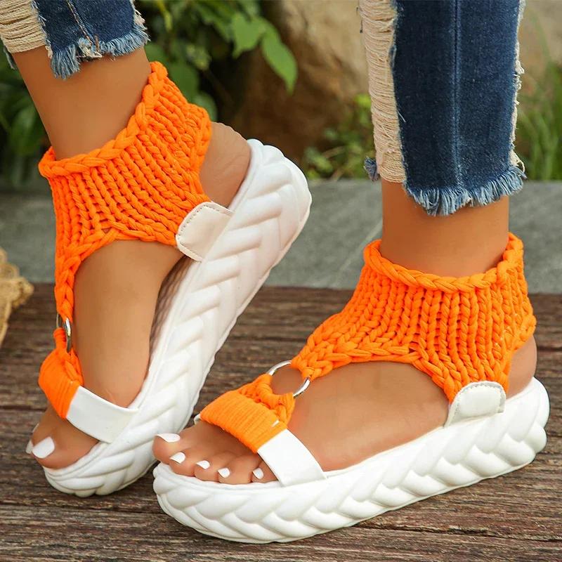 Fashion Platform Women Sandals Designer Open Toe Weave Mid Heels Casual Shoes 2025 New Trend Summer Slingback Walking Zapatillas Femme