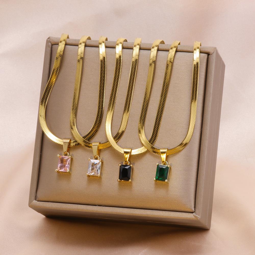 Emerald Necklace & Bracelet Set: Square Diamond, Stainless Steel with Round Snake Chain, Free Shipping