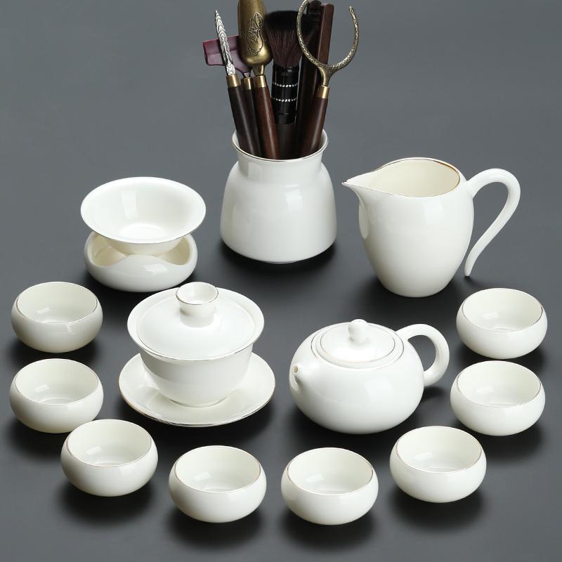 Goat Jade White Porcelain Kung Fu Tea Set Home Brewing Teapot Covered Bowl Chinese Light Luxury Brewing Tea Cup Office Guests