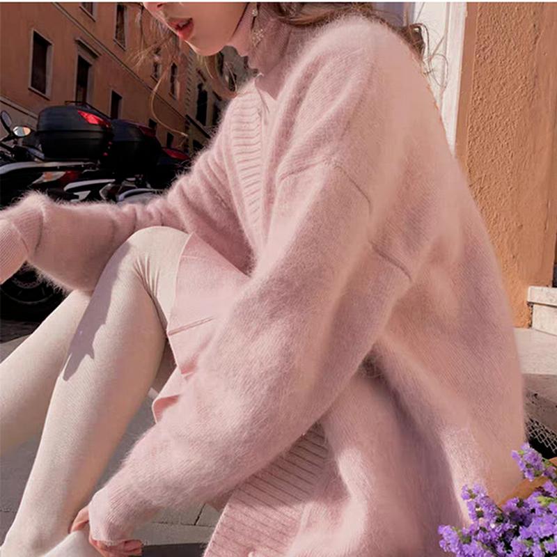 Suéter Cardigan de Meio Comprimento em Mohair Macio e Veludo de Visão Feminino Outono e Inverno Novo Solto Gola V Muito Feérico Top de Malha Casaco
