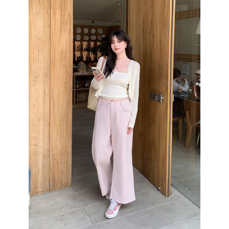 Yuzi Wide-Leg Jeans Plus-Size Women's American Retro Style High-Waisted Slimming Pink Cropped Pants for Spring and Autumn