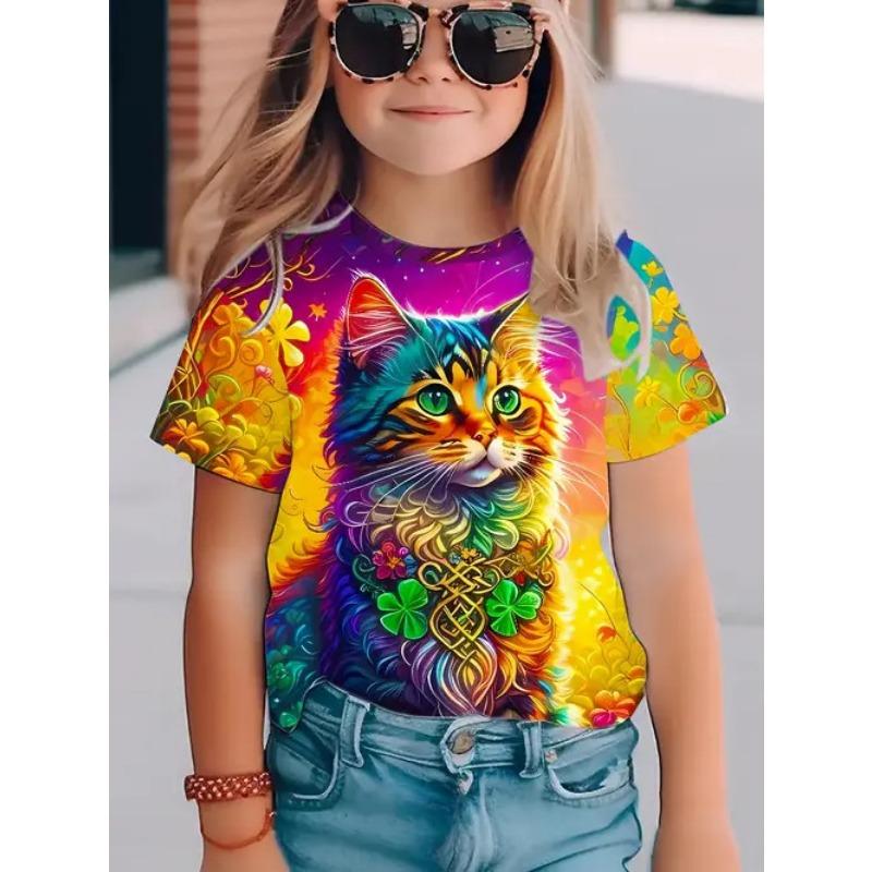 Summer Round Neck 3D Printed Top Fashionable Casual Short Sleeved Children's Girl T-shirts