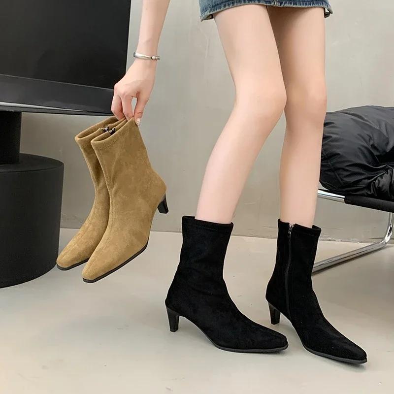 Fashion Stretch Booties Fashion and Versatile Women 2025 New Pointed Toe Sexy Suede Mid-leg Boots