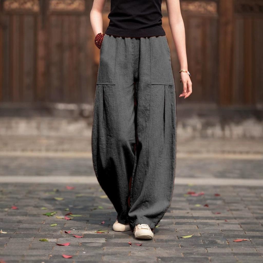 Women Elastic Waist Linen Harem Pants Pleated Pocket Loose Wide Leg Balloon Trousers Boho Casual Summer Long Pants