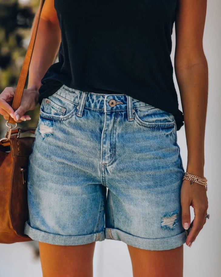 Women's Distressed Denim Shorts Mid Rise Raw Hem Casual Summer Jean Shorts