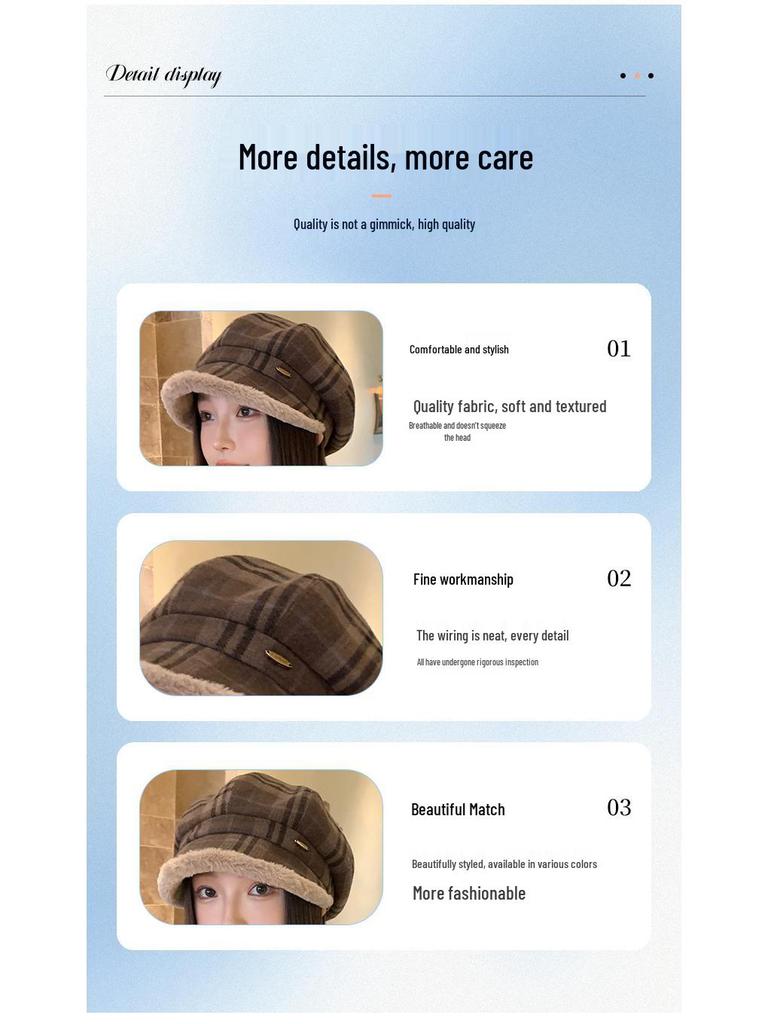 Women's Retro Plaid Plush Hat - Autumn Winter Warm Short Brim Versatile Slimming Travel Photo Hat