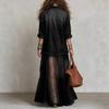 Women's Retro Faux Denim Long Sleeve Midi Dress with Pockets – Color Lapel Collar for Casual Everyday Wear
