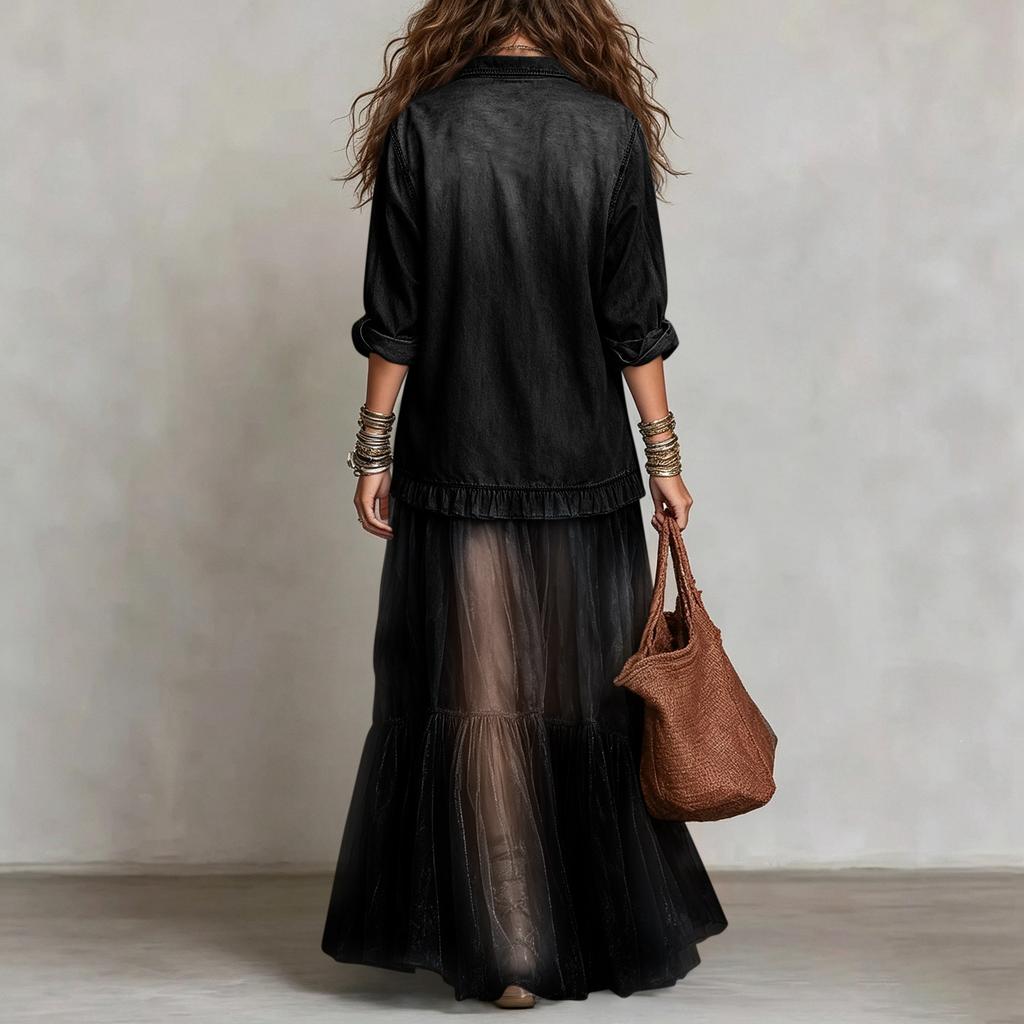 Women's Retro Faux Denim Long Sleeve Midi Dress with Pockets – Color Lapel Collar for Casual Everyday Wear