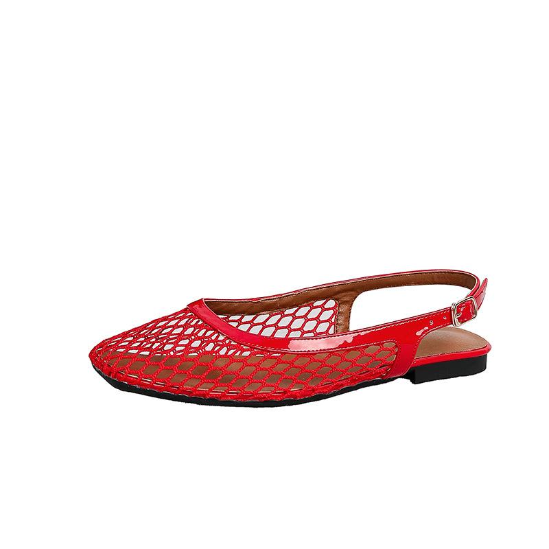 Mesh Slingback Flats for Women Summer Square Closed Toe Flats Slingback Sandals Women's Dress Shoes Adjustable Buckle Sandals Slip On Fishnet Mules