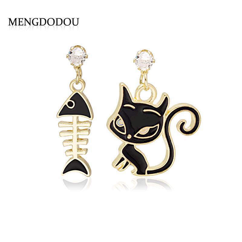 

Asymmetrical Cat & Fishbone Stud Earrings - Cute Cartoon Silver Needle Kawaii Jewelry