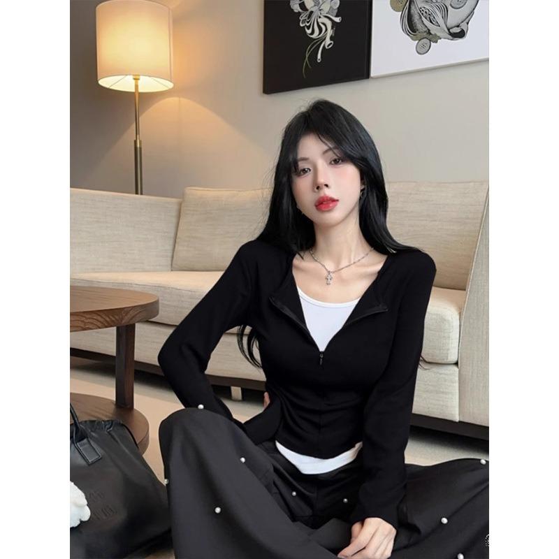 Spring Niche Waist Pleated Half Zipper Fake Two-piece Top Women's Long-sleeved Shirt Retro Bottoming Shirt