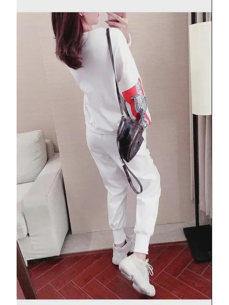 Trendiges Harajuku Hip-Hop Übergröße Damen Zweiteiler: Bedrucktes lockeres Langarm-Sweatshirt & Hose