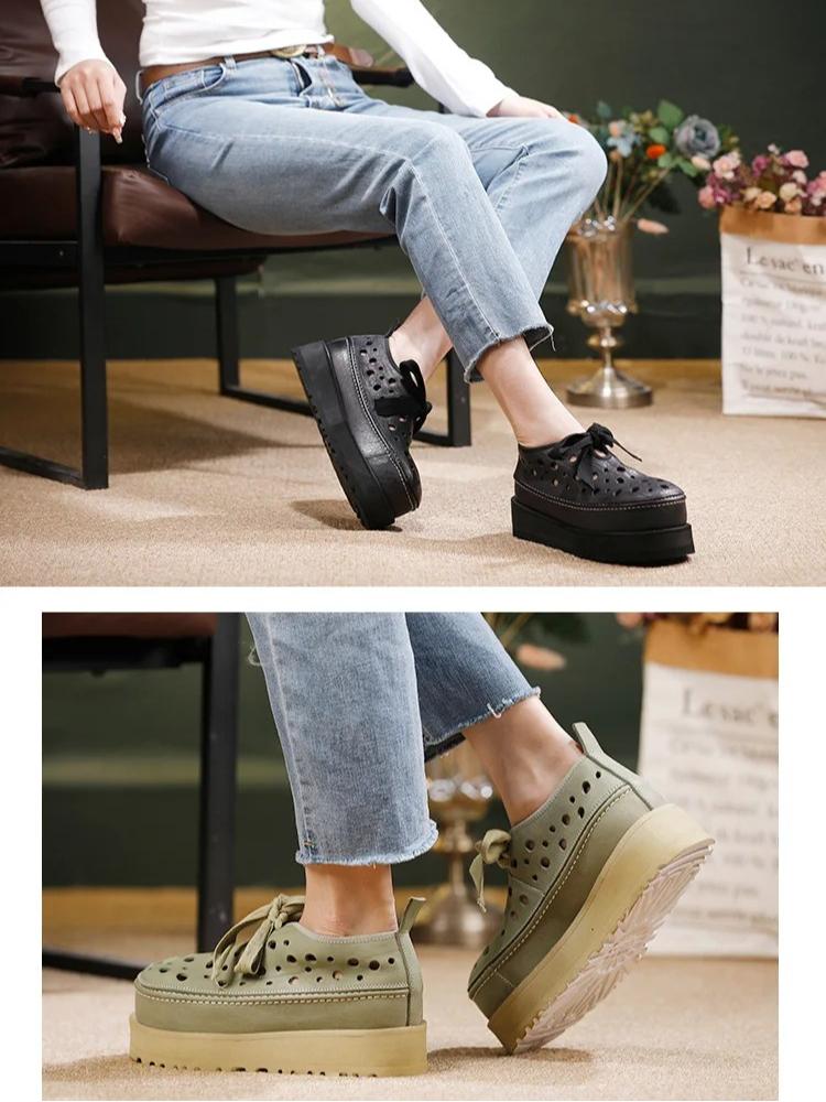 Johnature Thick Soled Hollow Hole Shoes Genuine Leather Lace Up Comfortable Women's Platform Sandals