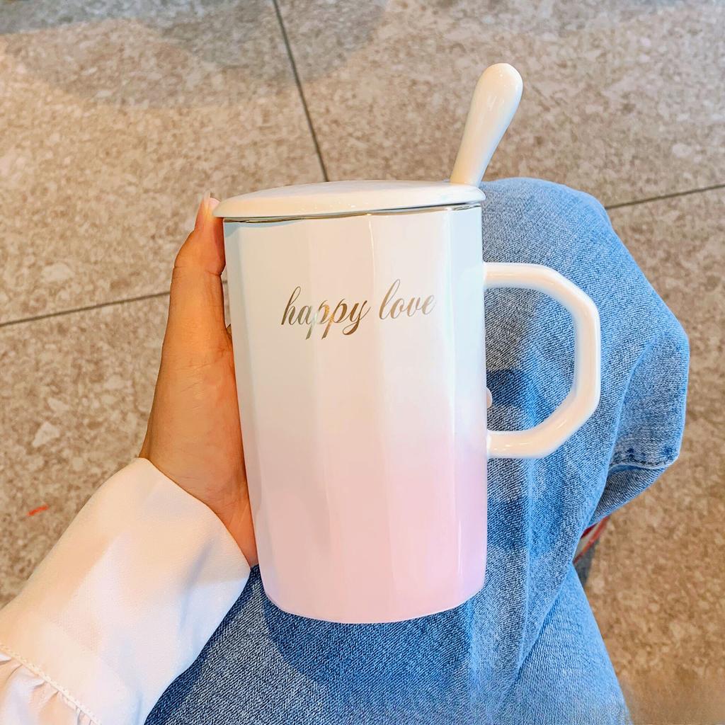 Verlaufende Farbe Leichter Luxus Luftbecher mit Deckel Löffel Keramiktasse für Heimgebrauch Frauen Paar Wasserbecher Büro Kaffeetasse