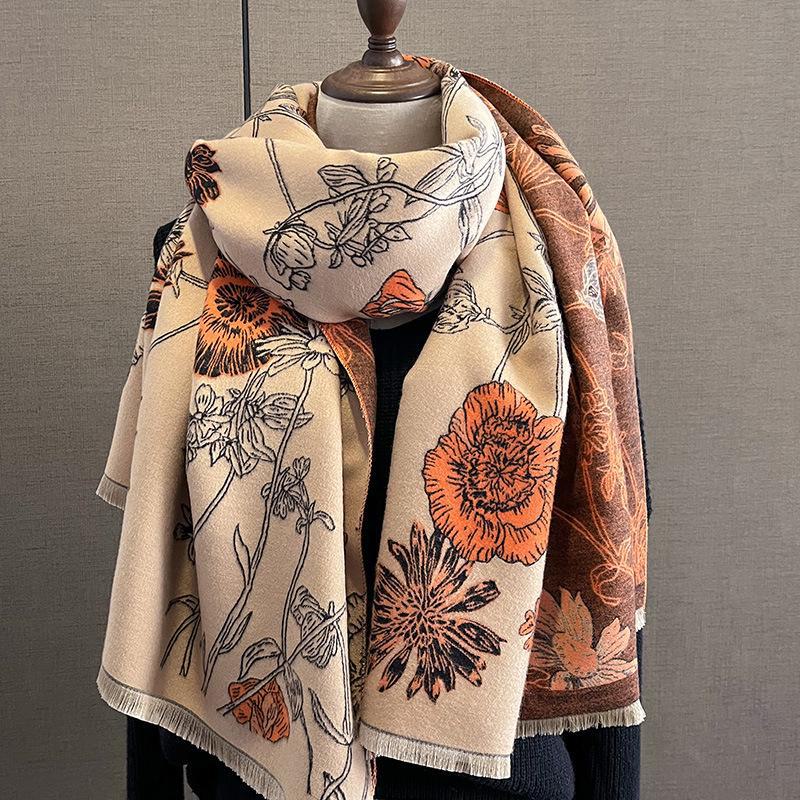 2024 Women's Winter Warm Korean-Style Double-Sided Printed Scarf Shawl
