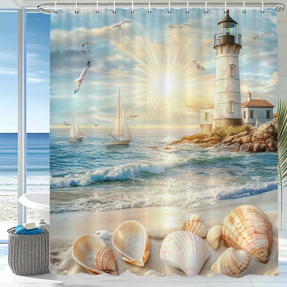 Blue Ocean Beach Seaside Lighthouse View Shower Curtain, Bathroom Decorative Shower Curtains, Home Curtain With Hooks