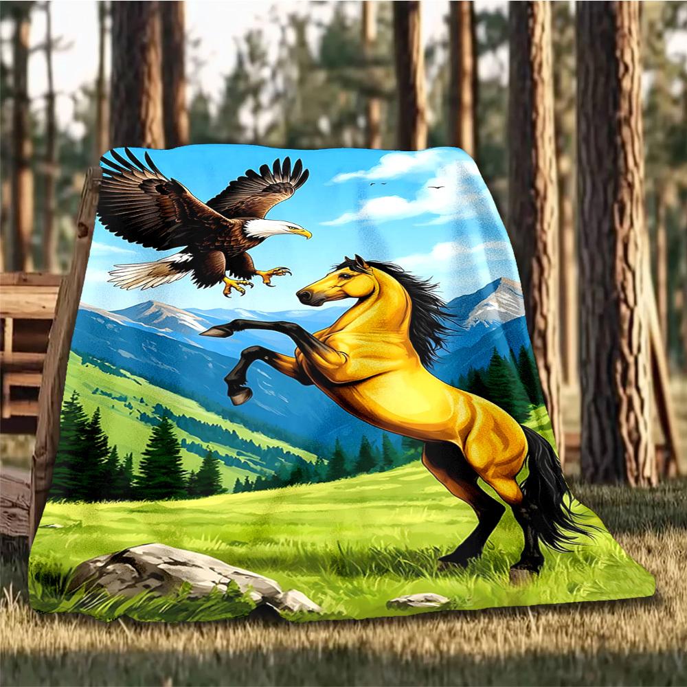 1pc Eagle Horse Throw Blanket Polyester Fiber, Lightweight Flannel, Soft & Warm, All Season Use for Outdoor, Camping Digital Print