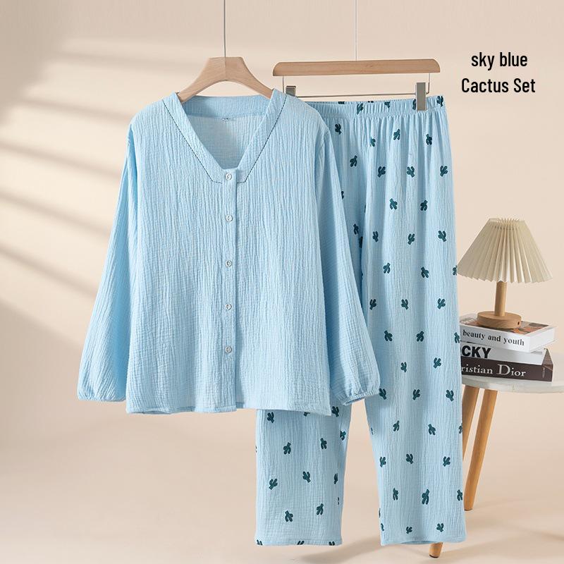 Women s Double Layer Gauze Trapezoid Neck Pajama Set M