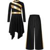 Girls Praise Worship Dance Dress Set Mock Neck Long Sleeve Asymmetrical Hem Metallic Patchwork Contrast Color Dress with Wide Leg Pants