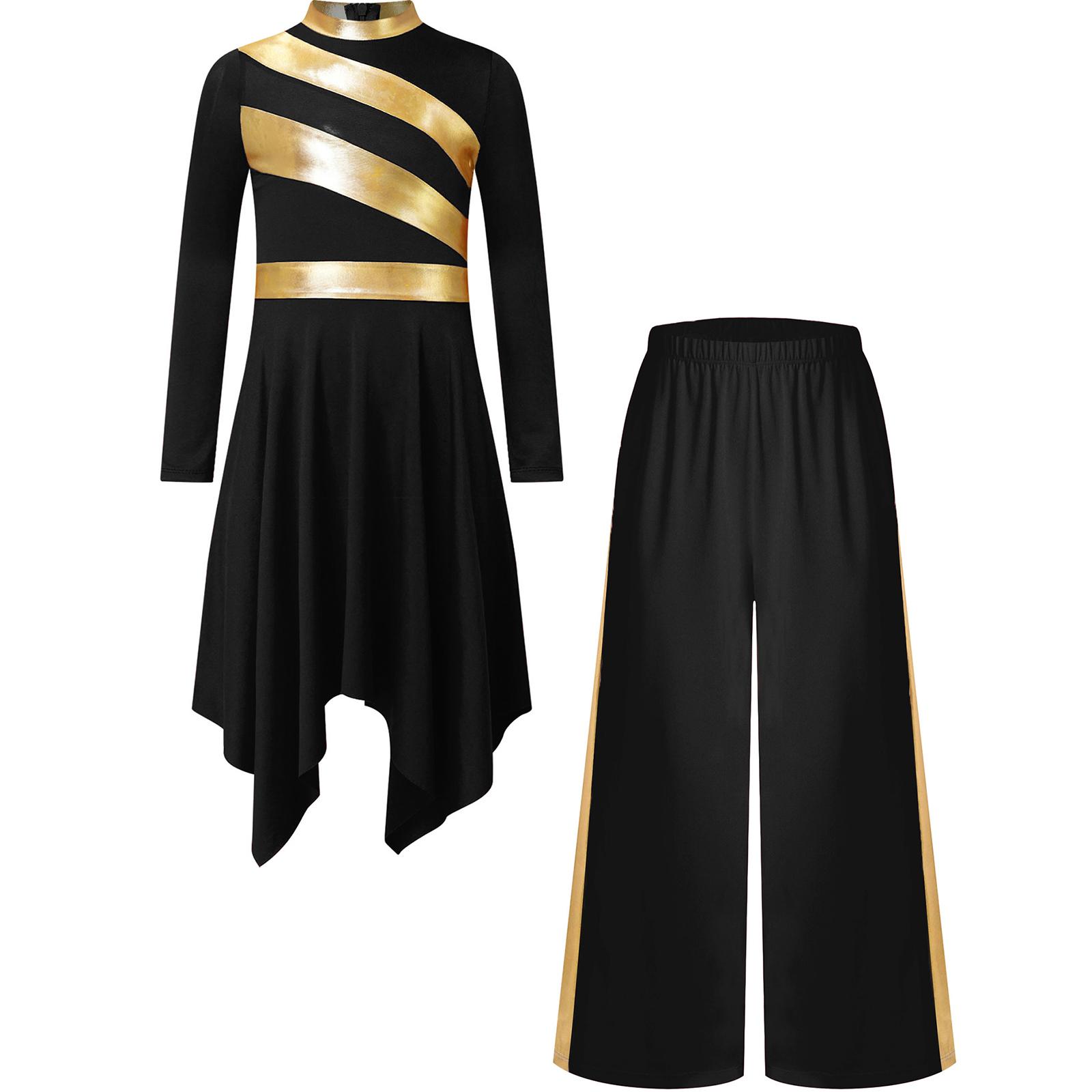 

Комплект платья для танца хвалы и поклонения для девочек, с воротником-стойкой, длинными рукавами, асимметричным подолом, металлизированной лоскутной вставкой, контрастного цвета, с брюками широкого кроя 5-6 Years чёрный