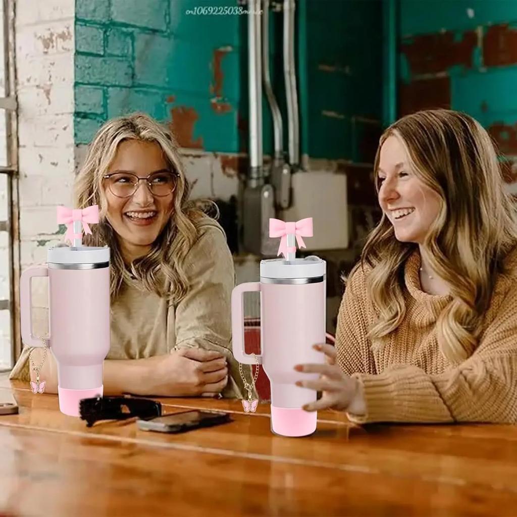 Bow Straw Cover for Stanley Cup Silicone Topper Pink Butterfly Chain Silicone Boot Pink Cup Accessories Set for 30/40 OZ Tumbler