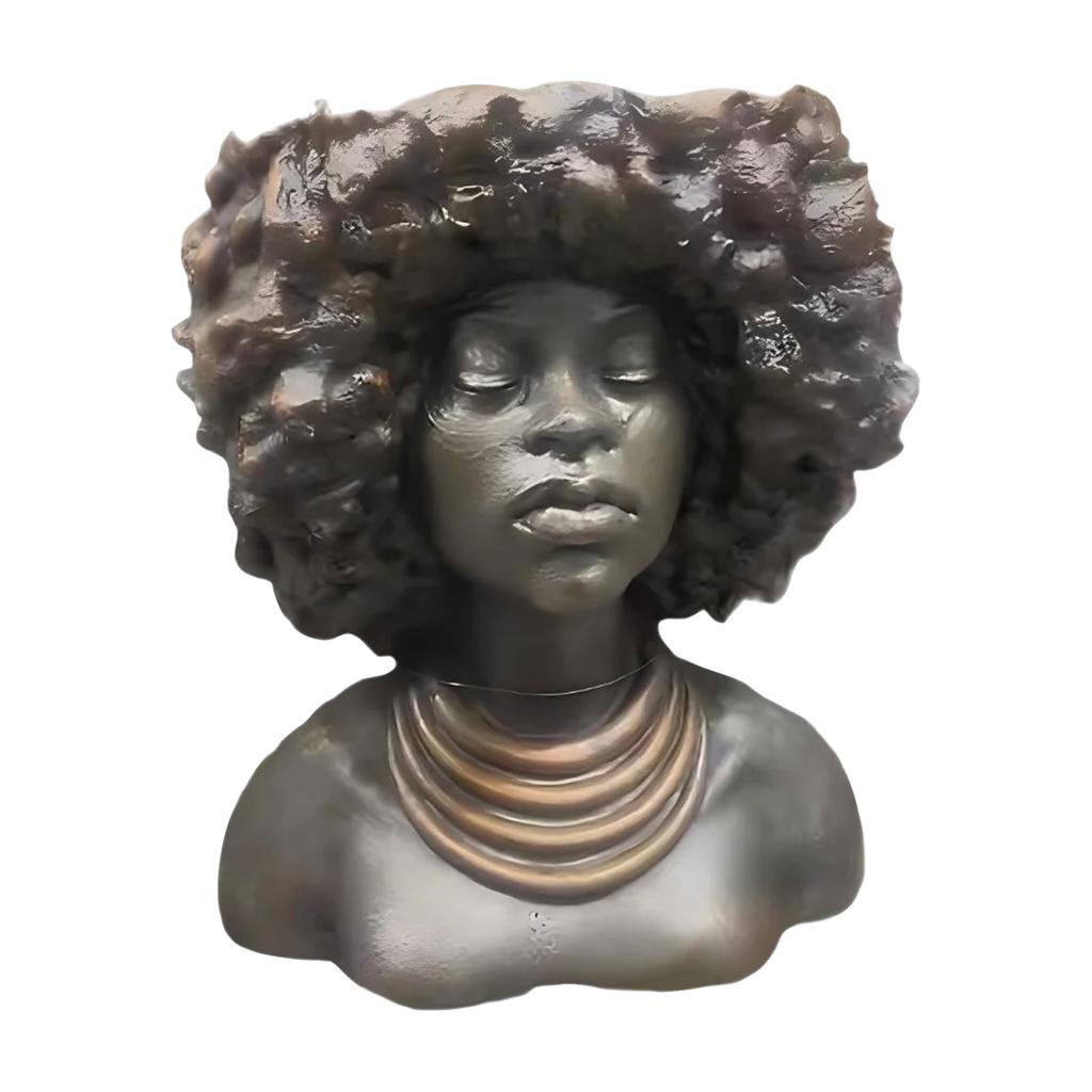 Decorative Female Bust Planter with Textured Hair and Layered Neck Rings Resin Sculpture Indoor Outdoor Pot Holder