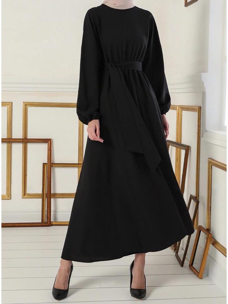 2022 Muslim Women's Solid Color Slim Tie-up Long Dress - Middle Eastern Dubai Fashion