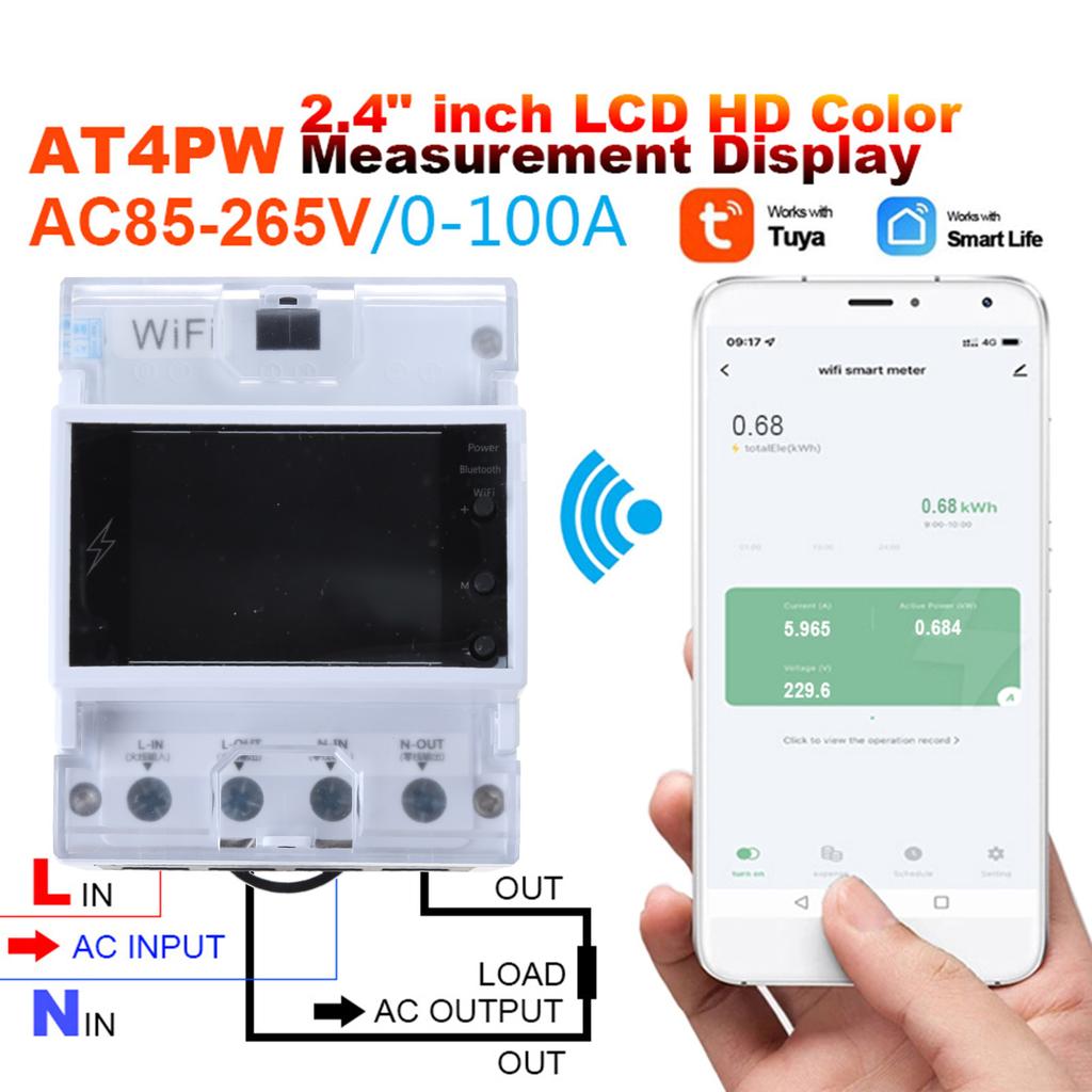 Rail Mounting Electricity Usage Monitor 2.4inch Color Display Digital Energy Meter Switch Breaker AC85V-265V 100A 26.5kW