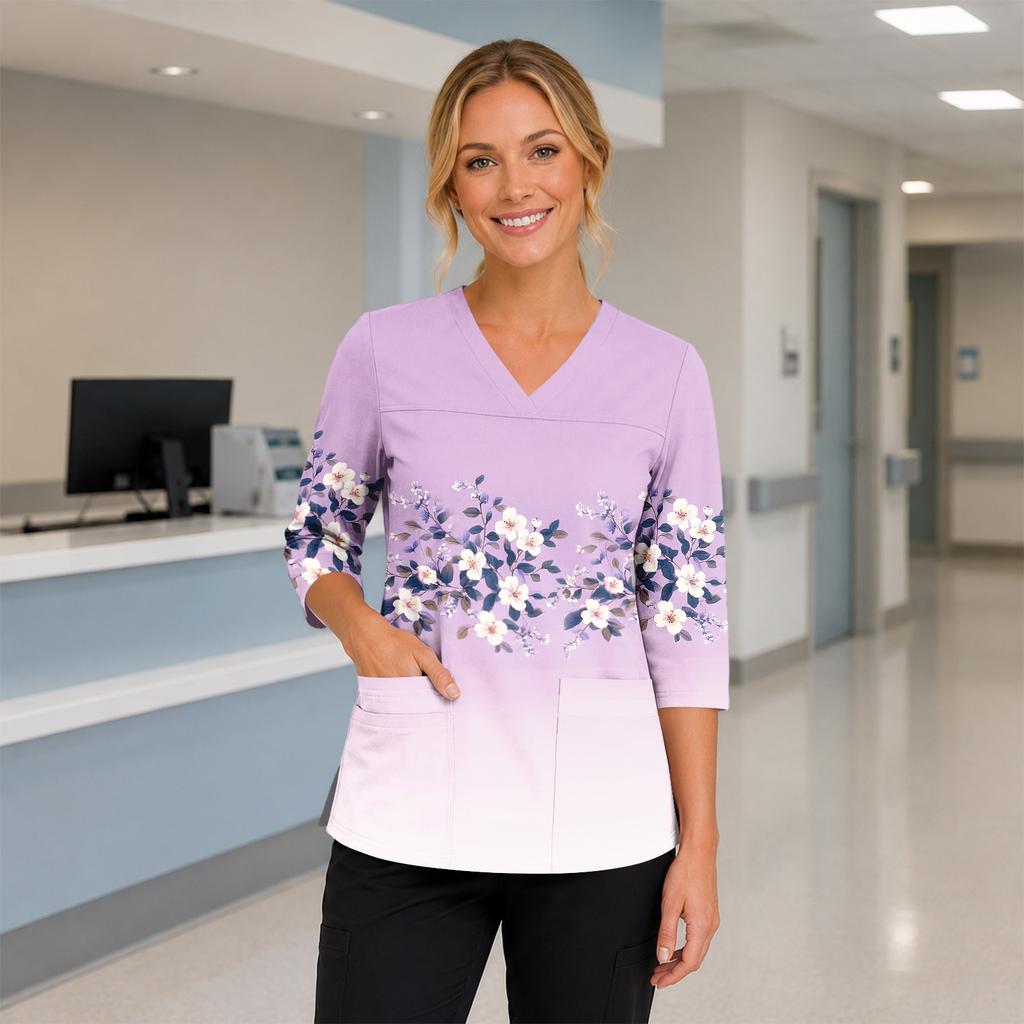 Women's Floral Print V-Neck Scrub Top with Pockets and Side Slits Three-Quarter Sleeve