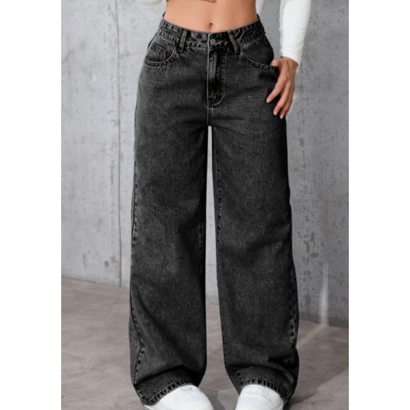 VEZFAA Women's High Waist Straight Leg Jeans, Loose Wide Leg Jeans, Light Blue Acid Wash Stretch Jeans with Pockets, Casual Office Trousers