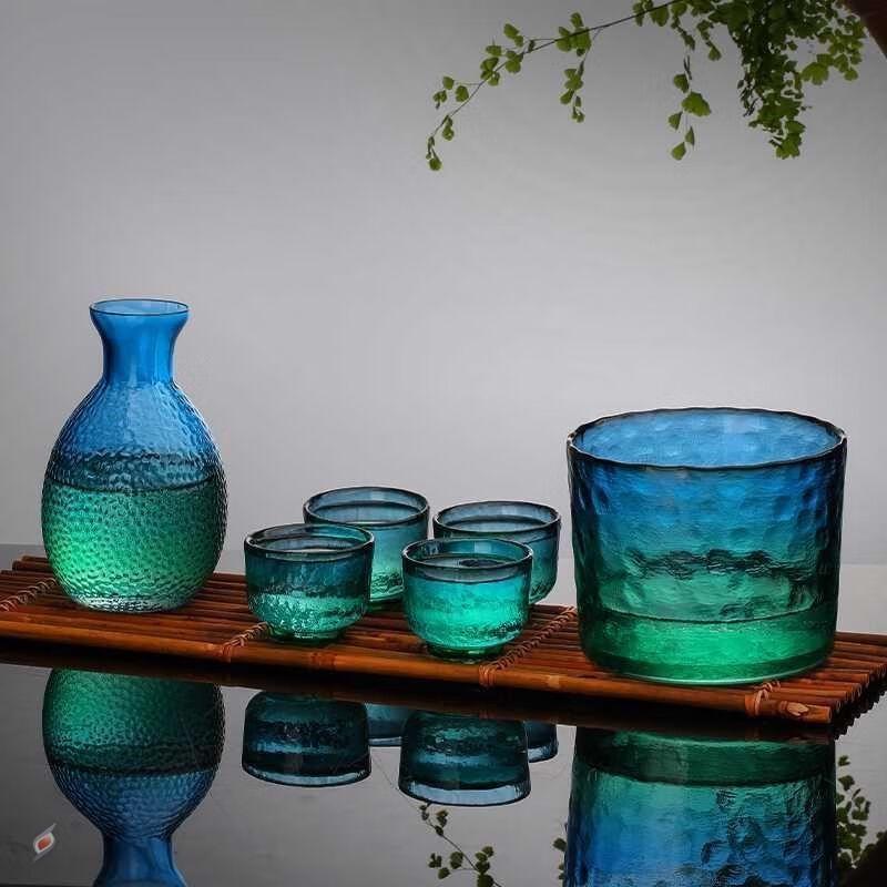 Pabei Peacock Blue Japanese Hammered Glass Sake Set