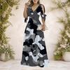 Women Plus Size V Neck Cold Shoulder Tie Cuff Short Sleeve Black Grey White Printed A Line Maxi Dress