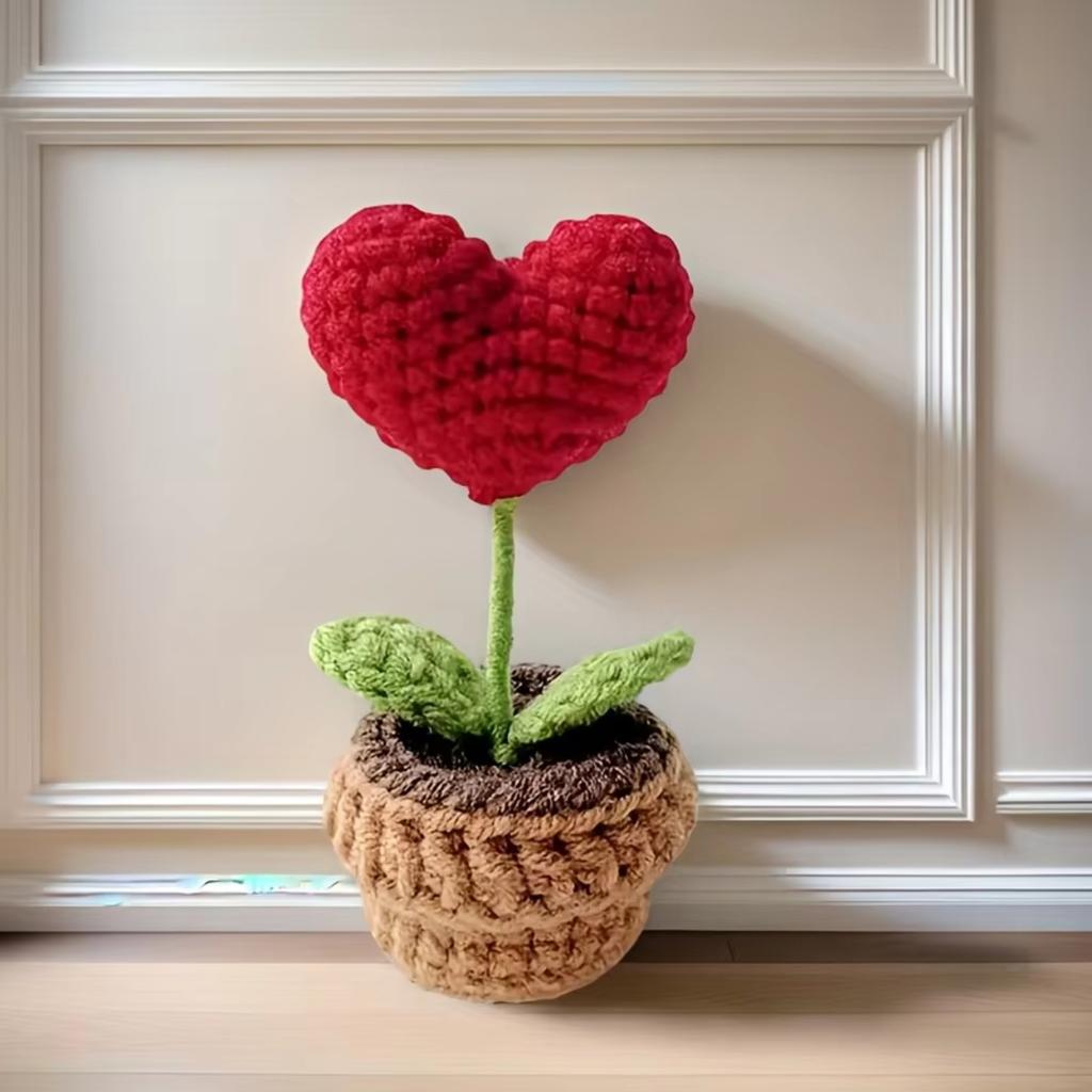 Handmade Knitted Flower Pot Red Heart Shaped Knit Imitation Potted Plant Valentine's Day Mother‘s Day Wedding Gift