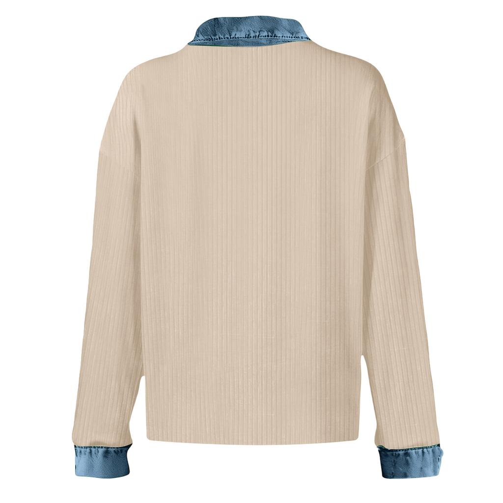 Maglia da donna a maniche lunghe con colletto in denim retrò, pullover lavorato a maglia, maglione casual leggero patchwork