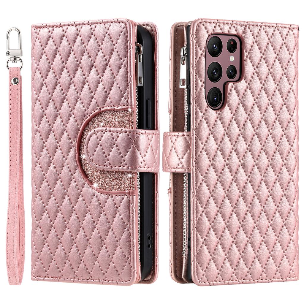 Bling Lanyard Leather Wallet Case for Samsung Galaxy S24 Ultra S23 FE S22 Plus S21 A15 A25 A35 A55 Zipper Cards Solt Bag Cover