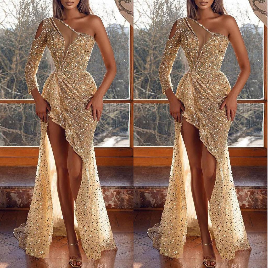 Autumn Sexy Dress Sequin Stitching Mesh Shoulder Slimming Evening Dress main image 0