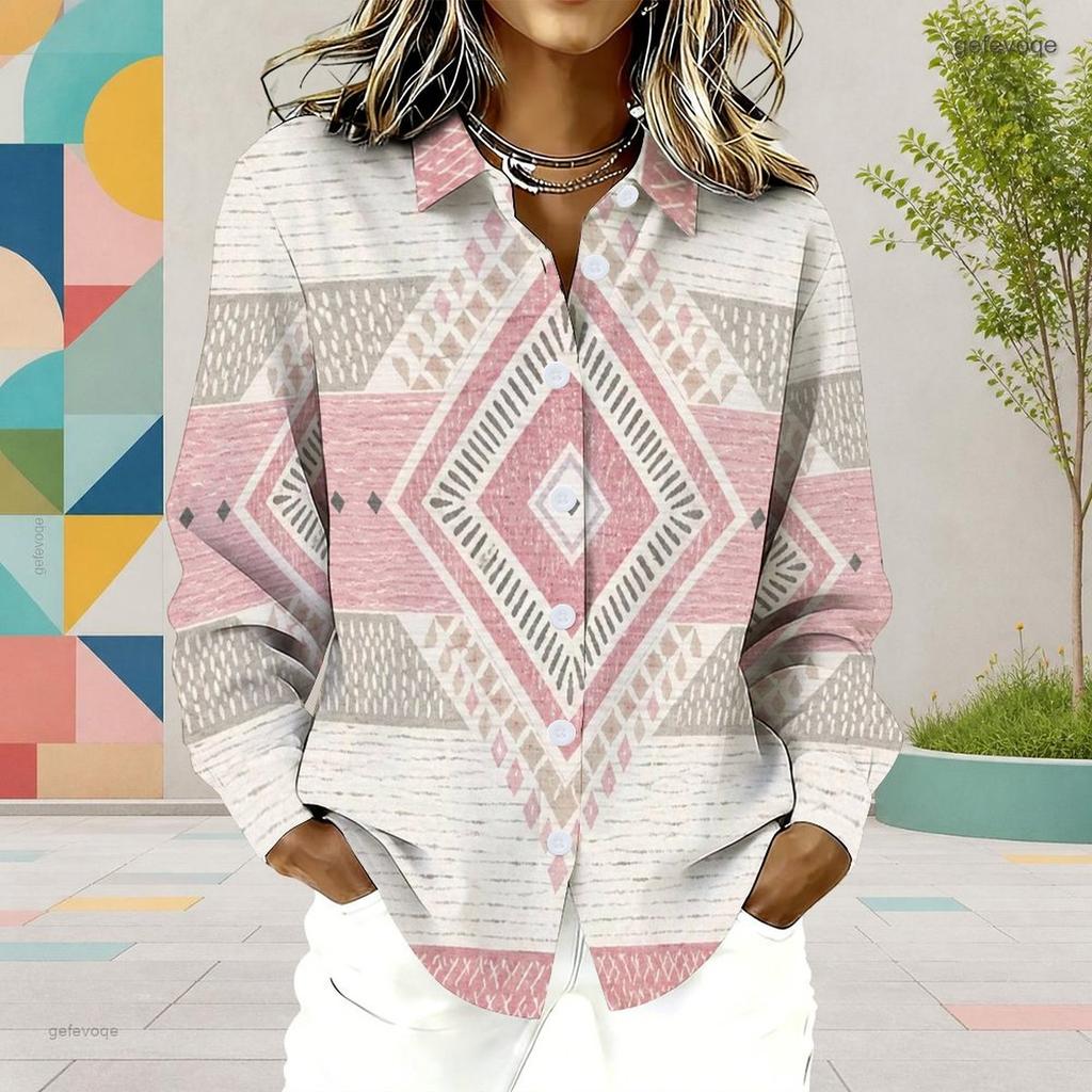 Women Plus Size Collared Long Sleeve Printed Red Floral Button Front Shirt Curved Hem