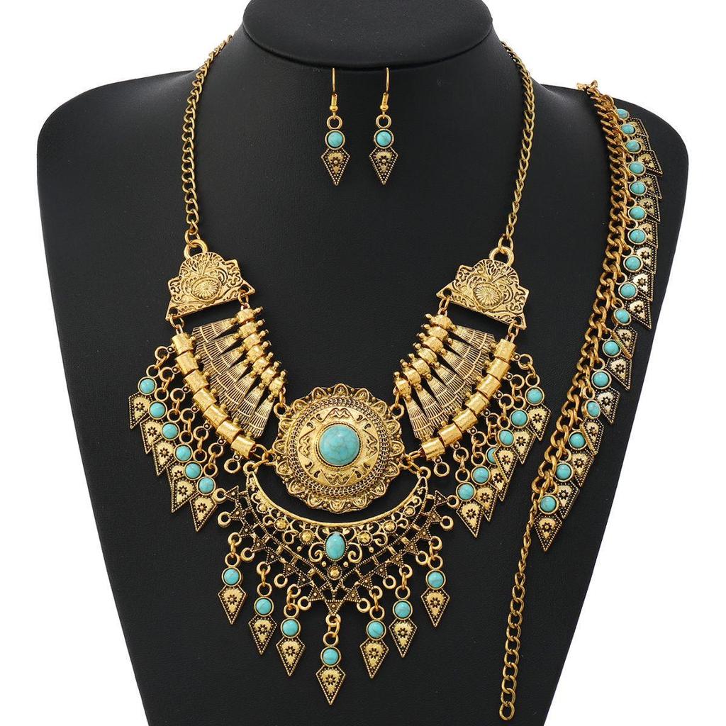 Tibetan Ethnic Tassel Jewelry Set: Necklace, Earrings, Bracelet & Sweater Chain