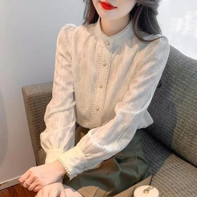 New Standing Neck Lace Bottoming Shirt for Women's Spring Autumn Long Sleeve Chiffon Top