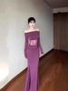 Women's Winter Purple Lace-Spliced Draped Fishtail Dress