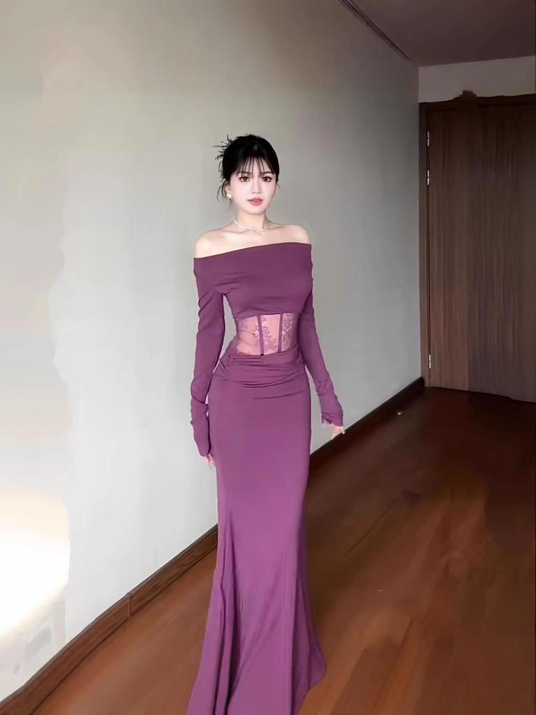 Women's Winter Purple Lace-Spliced Draped Fishtail Dress