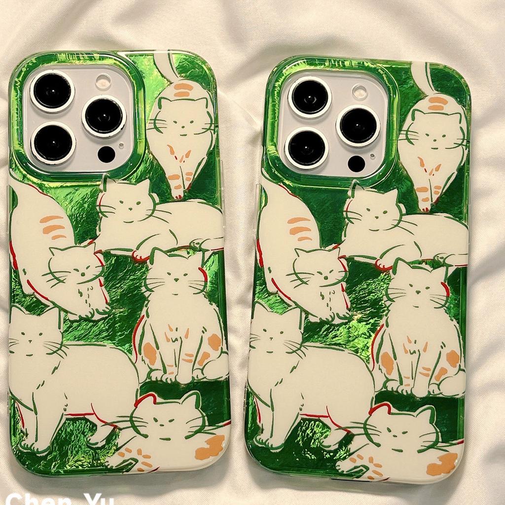 Green Tabby Cat Doodle Shiny Phone Case for iPhone 17 16 15 14 13 12 11 16E Series Pro Max Plus Double Layer Protection