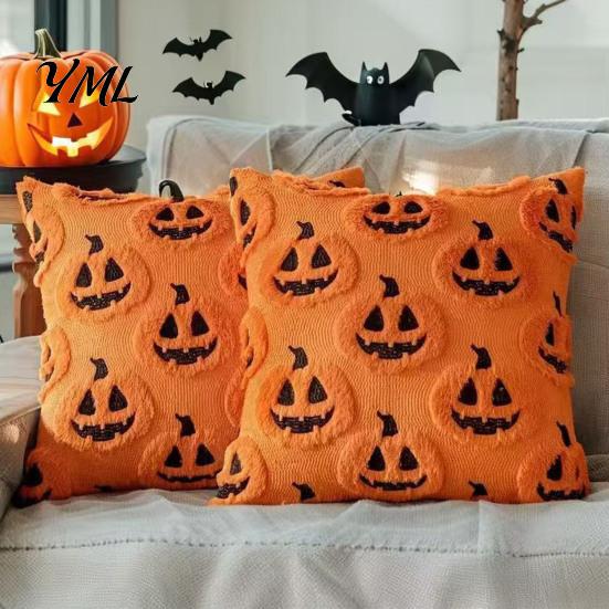 Soft Plush Ghost Decor Pumpkin Cushion Cover, Halloween Throw Pillow 18 X Inch Theme Indoor Cute Case for Spooky Season, Cozy Fall Home Decorative