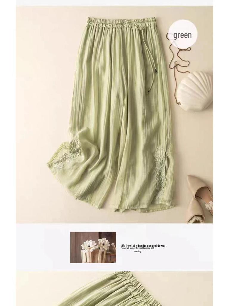 Retro Embroidered Tencel Wide-Leg Pants - Women’s High-Waist Summer Casual with Slit Tassel Details.