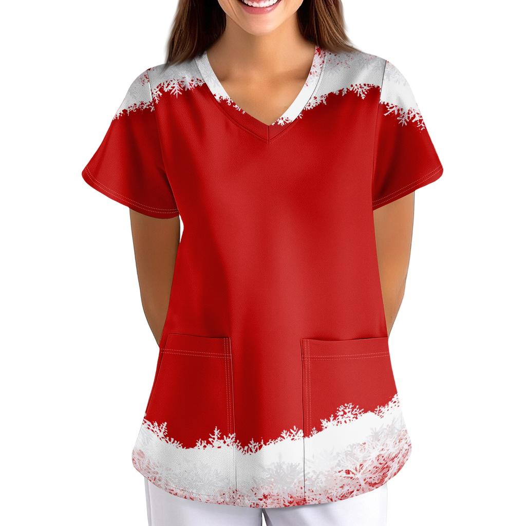 Women's Christmas Print Loose Fit V-Neck Short Sleeve Scrub Top with Pockets for Work