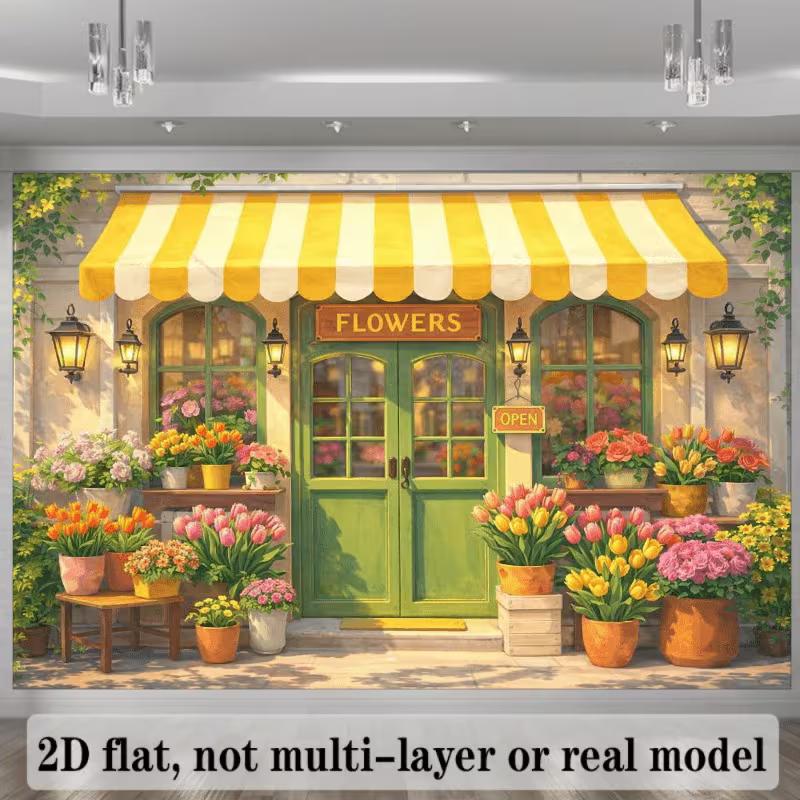 2D Bright Florist Shop with "OPEN" Sign Photography Background